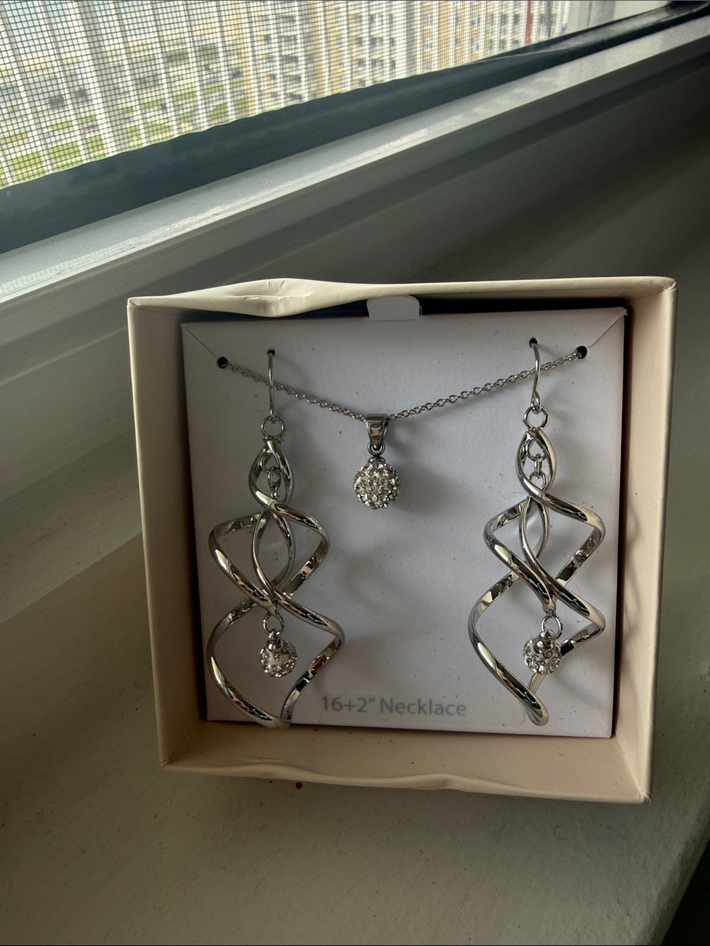 Silver Tone Twisted Drop Earrings & Pendant Necklace Set - Women Jewelry
